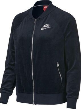Nike Womens Velour Jacket Size 1X Full Zip Pockets Embroidered Logo Track Black